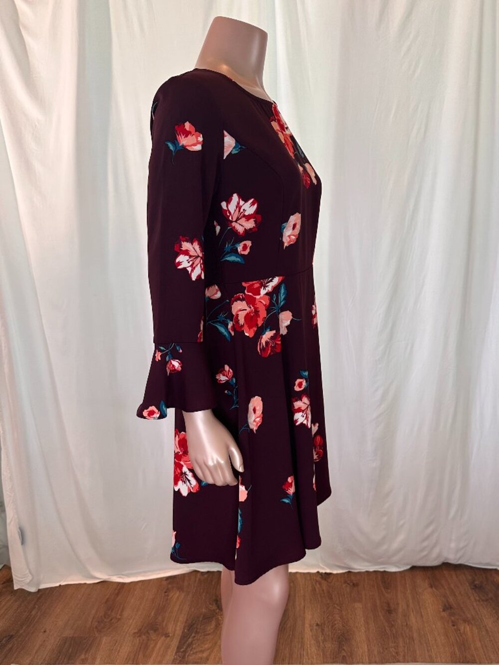 Old Navy Burgundy Floral Fit & Flare Bell Sleeve Dress | Small | A-1825 - Picture 6 of 16